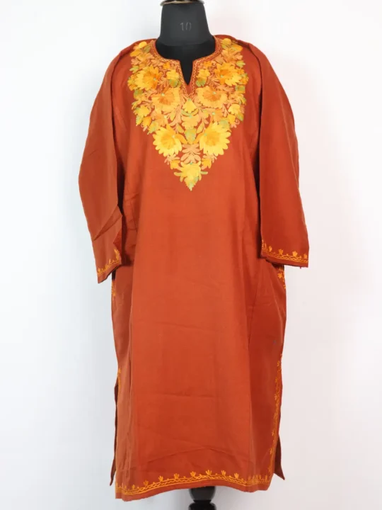 Light Brown Cashmilon Wool Sanaf Pheran with Aari Embroidery
