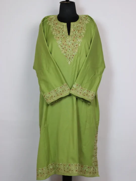 Green Ishaa Aari Work Pheran in Tweed