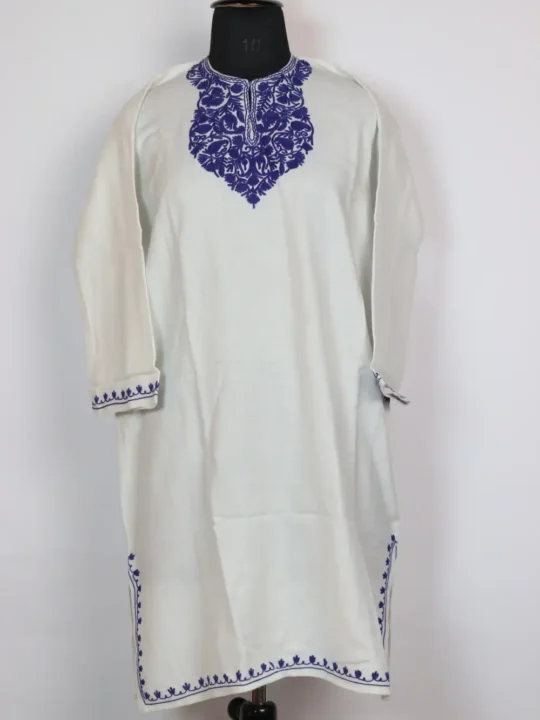 Zarnoor Short White Pheran in Cashmilon with Aari Embroidery