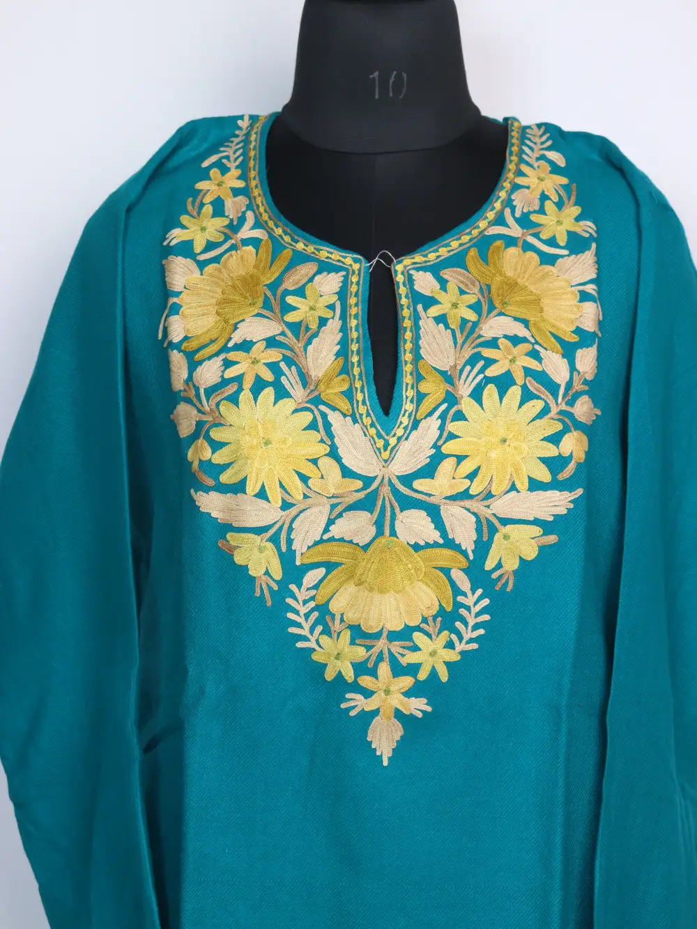 Anaya Cashmilon Wool Sea Green Short Kurti with Pockets | Aari Embroidery - Image 2