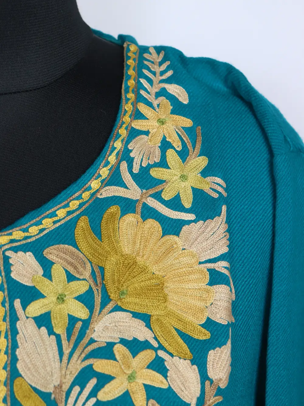 Anaya Cashmilon Wool Sea Green Short Kurti with Pockets | Aari Embroidery - Image 3