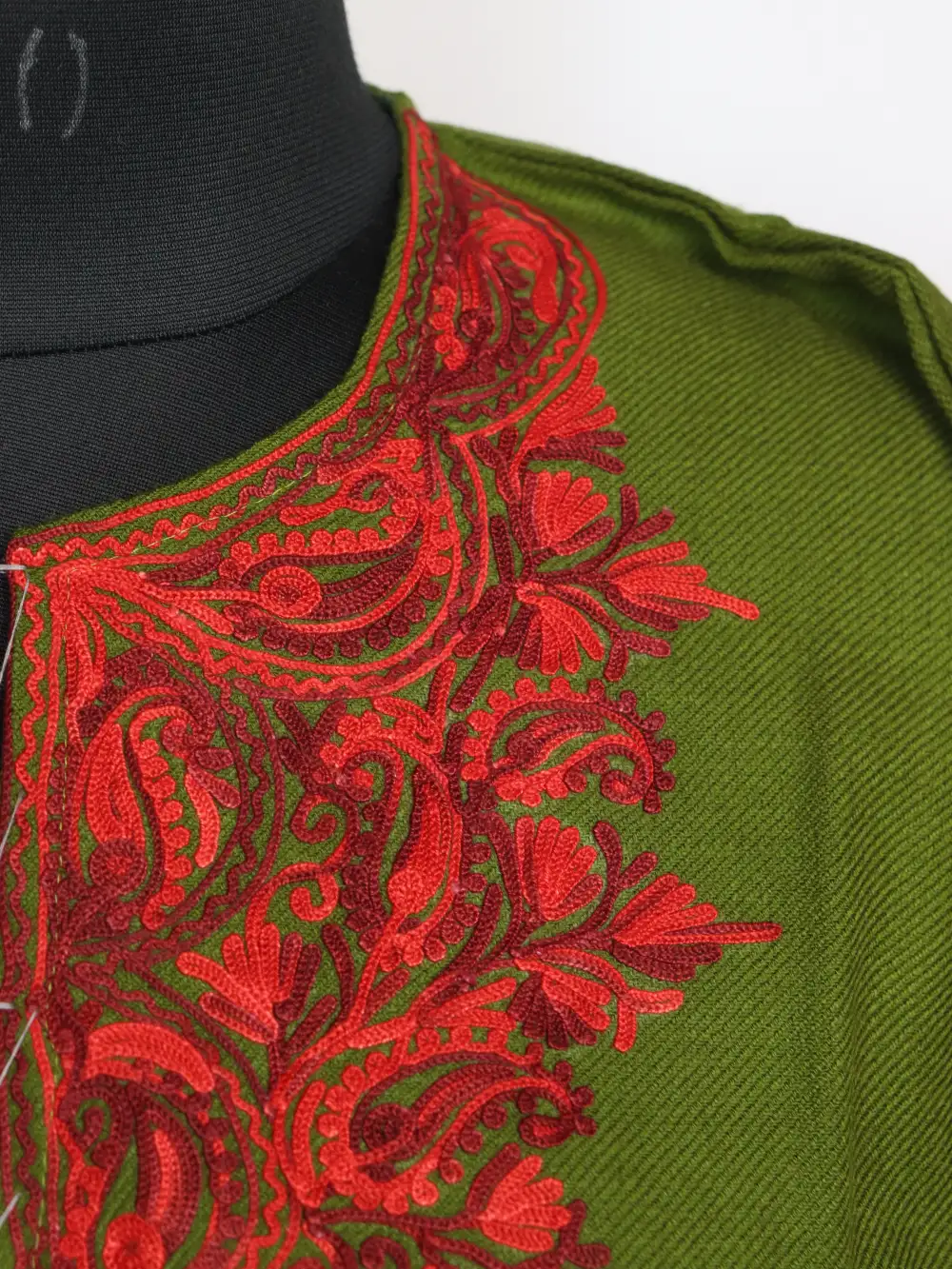 Green Cashmilon Wool Short Mehrin Kurti with Pockets | Aari Embroidery - Image 3