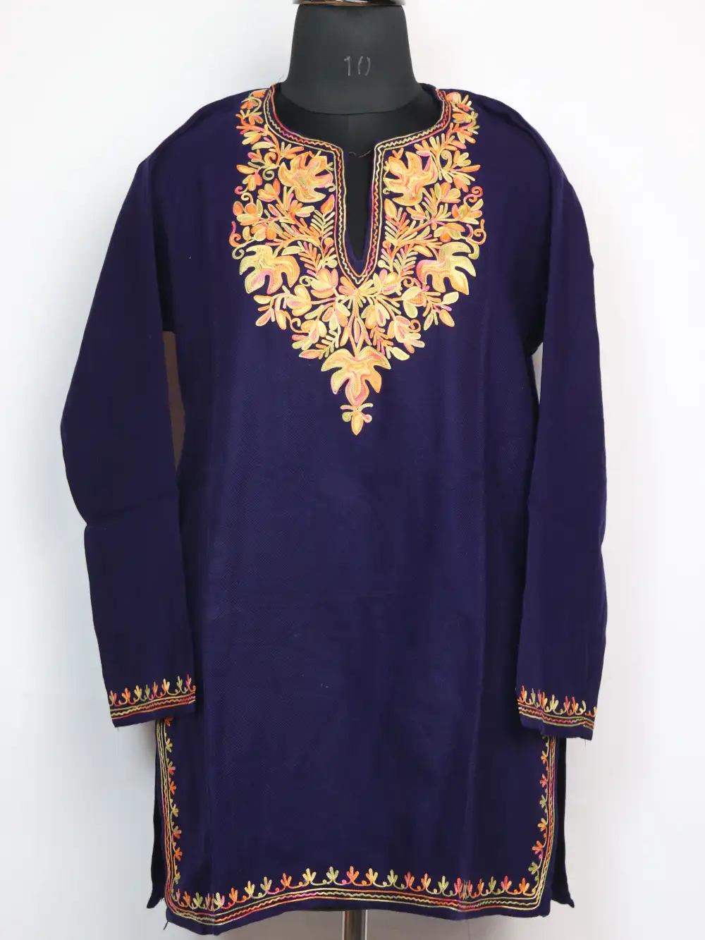 Dark Blue Farah Cashmilon Short Woolen Kurti with Pockets | Aari Embroidery