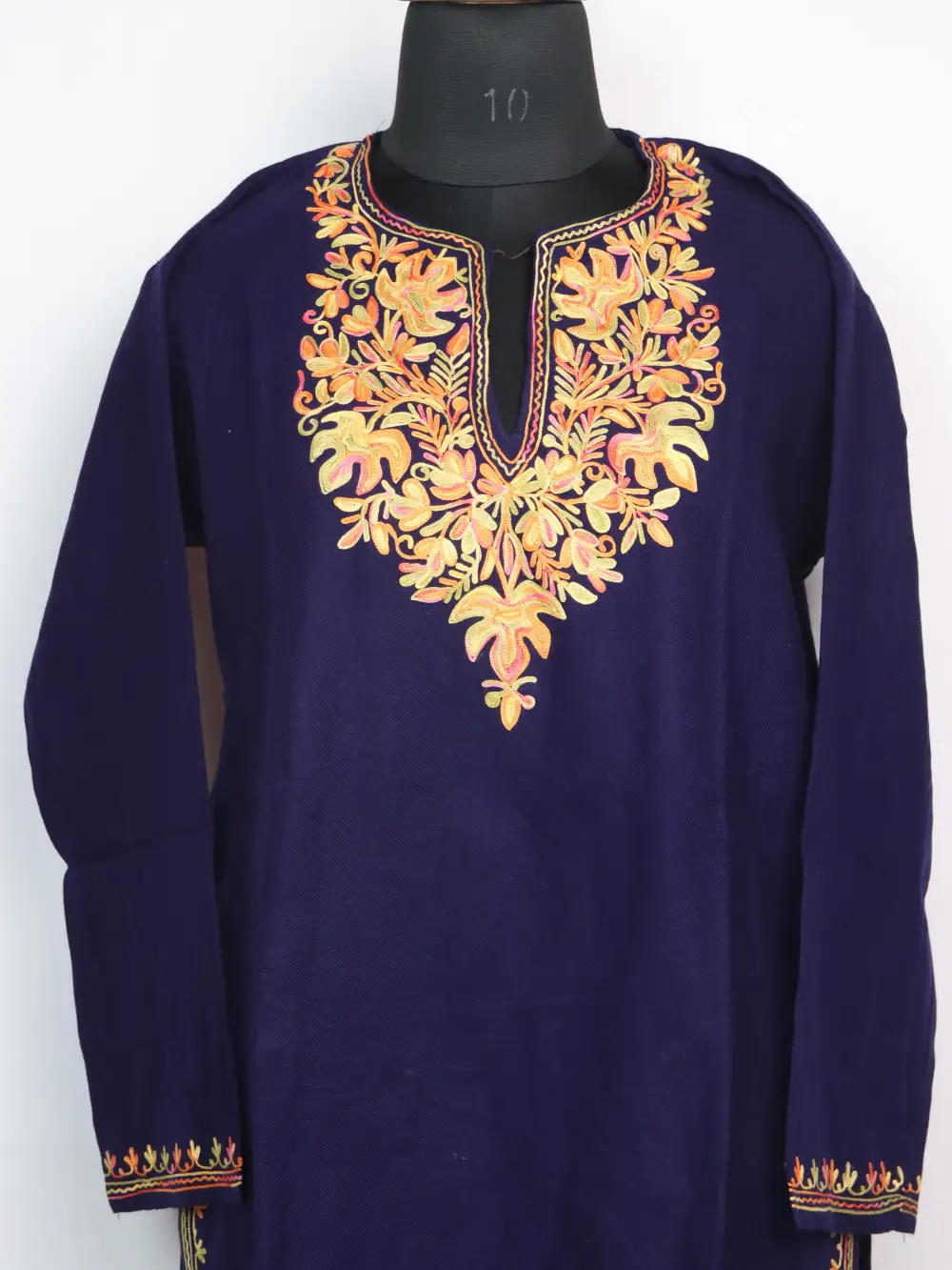 Dark Blue Farah Cashmilon Short Woolen Kurti with Pockets | Aari Embroidery - Image 2