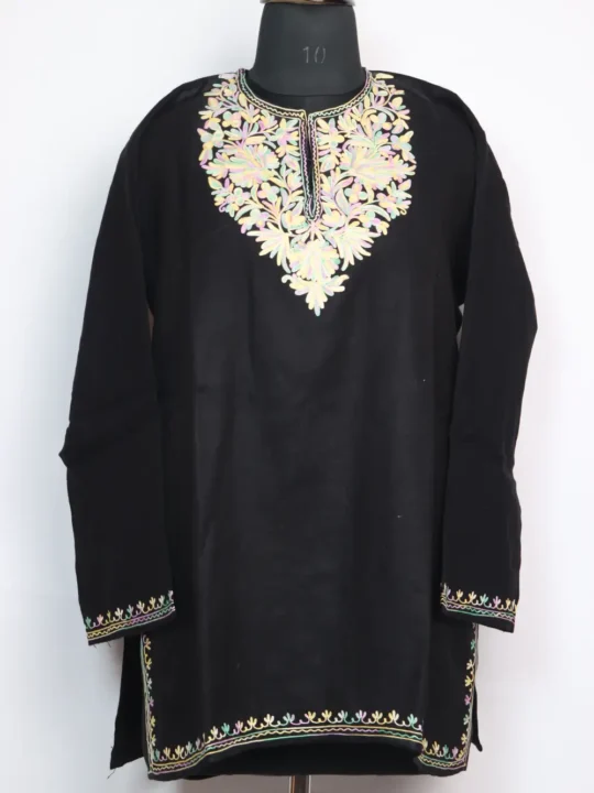 Naaz Cashmilon Short Woolen Black Kurti with Pockets | Aari Embroidery