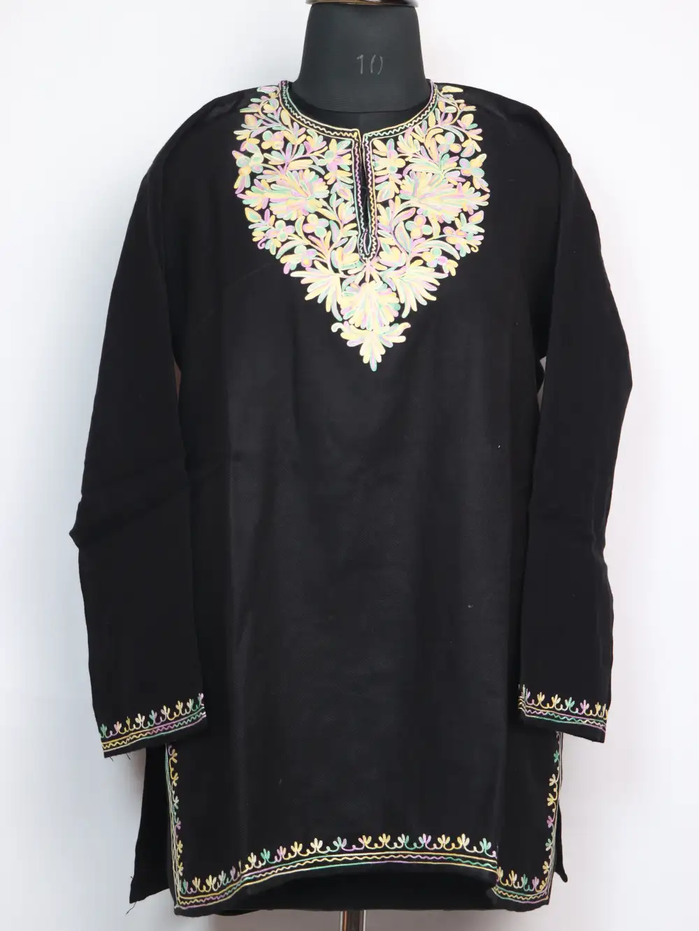 Naaz Cashmilon Short Woolen Black Kurti with Pockets | Aari Embroidery