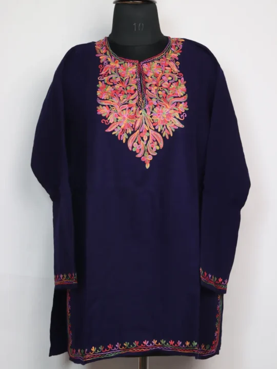Arooj Aari Work Short Dark Blue Kurti in Cashmilon Wool with Pockets