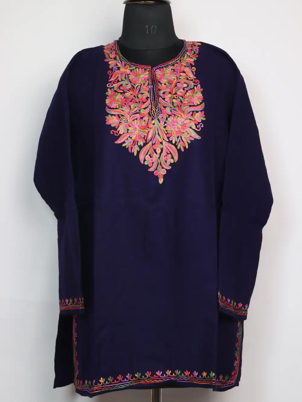 Arooj Aari Work Short Dark Blue Kurti in Cashmilon Wool with Pockets