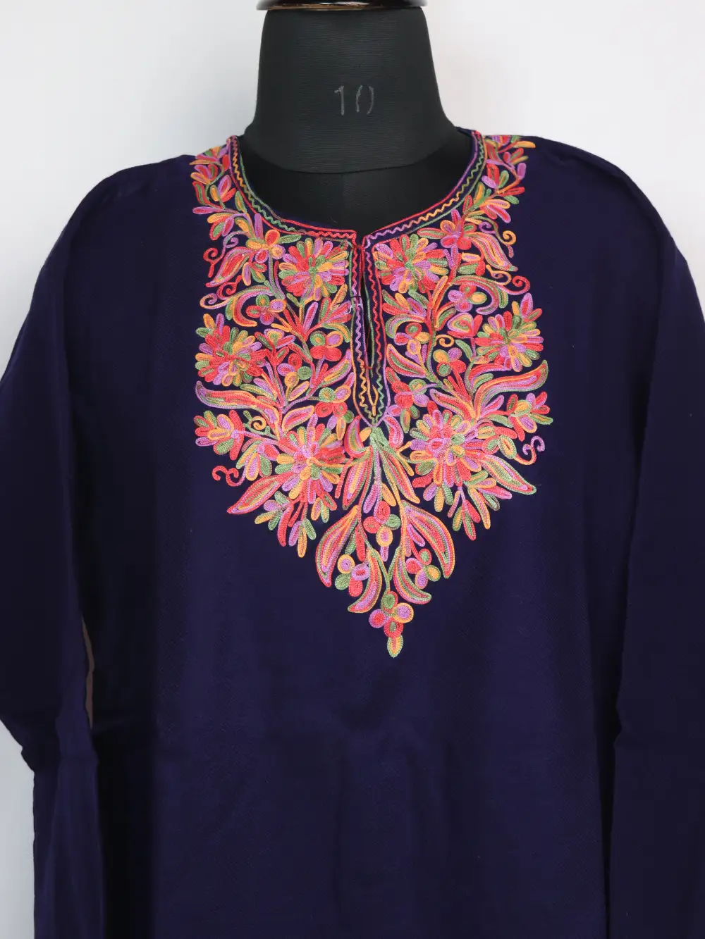 Arooj Aari Work Short Dark Blue Kurti in Cashmilon Wool with Pockets - Image 2