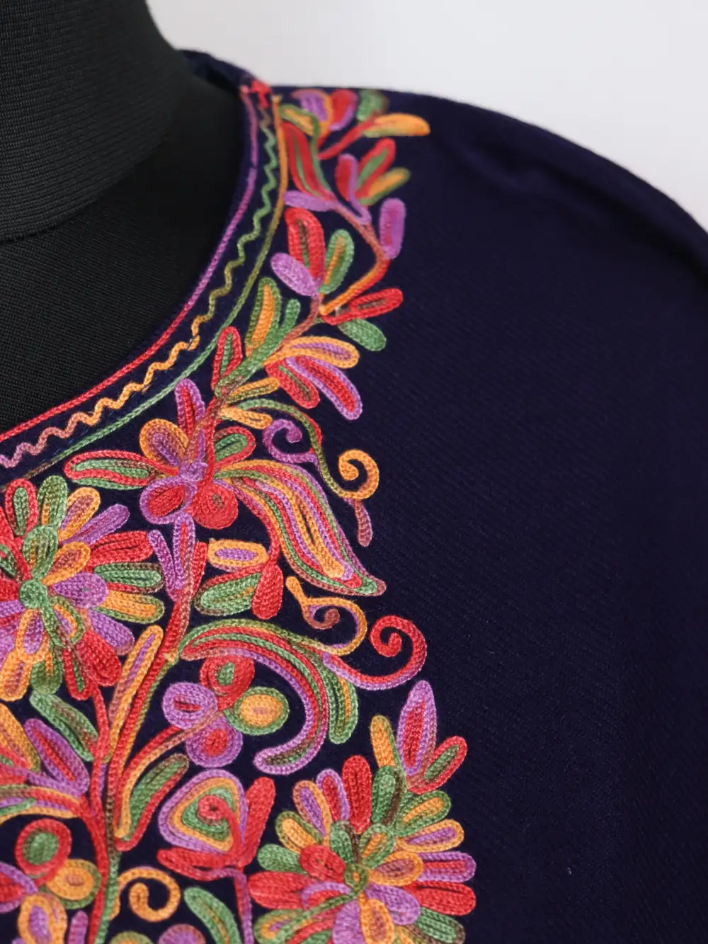 Arooj Aari Work Short Dark Blue Kurti in Cashmilon Wool with Pockets - Image 3