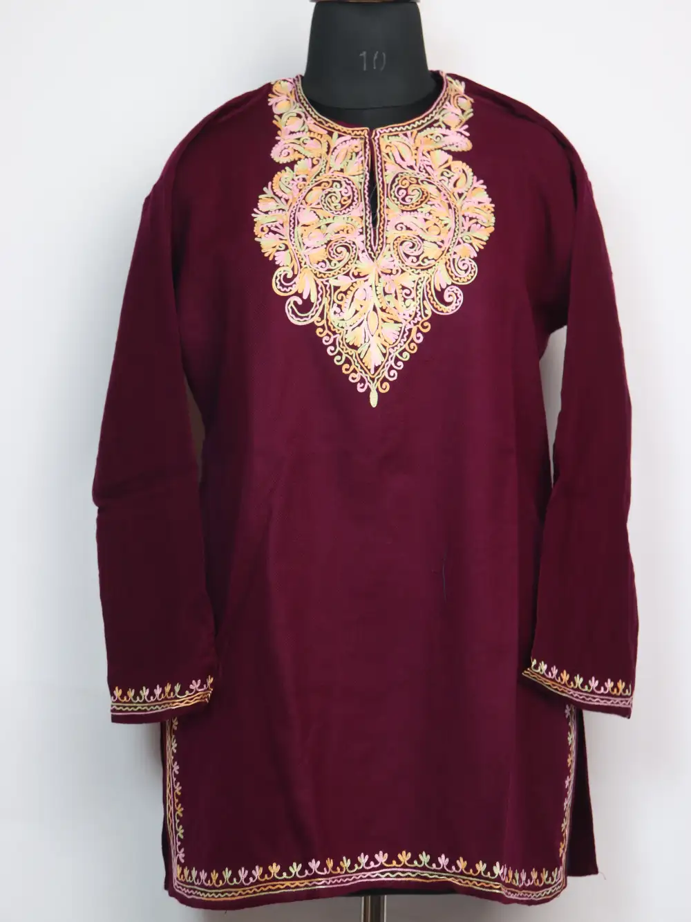 Aari Work Short Saira Magenta Kurti in Cashmilon Wool with Pockets