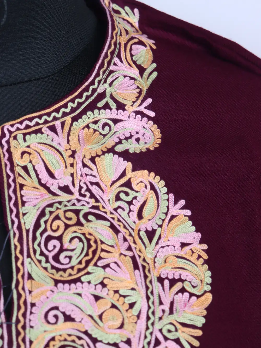 Aari Work Short Saira Magenta Kurti in Cashmilon Wool with Pockets - Image 3