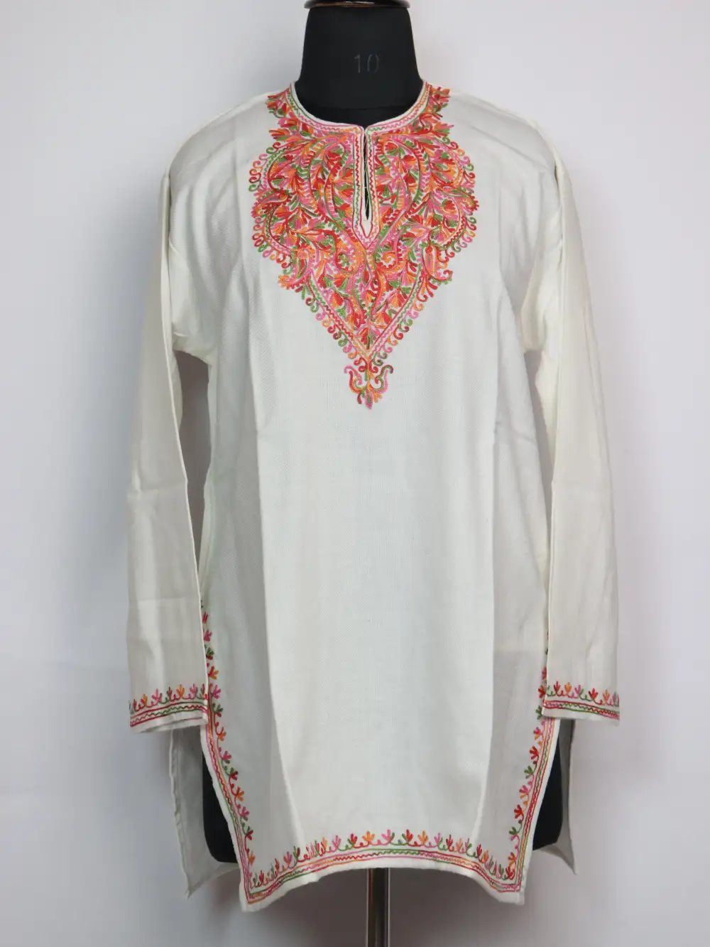 White Aari Work Laila Short Kurti in Cashmilon Wool with Pockets