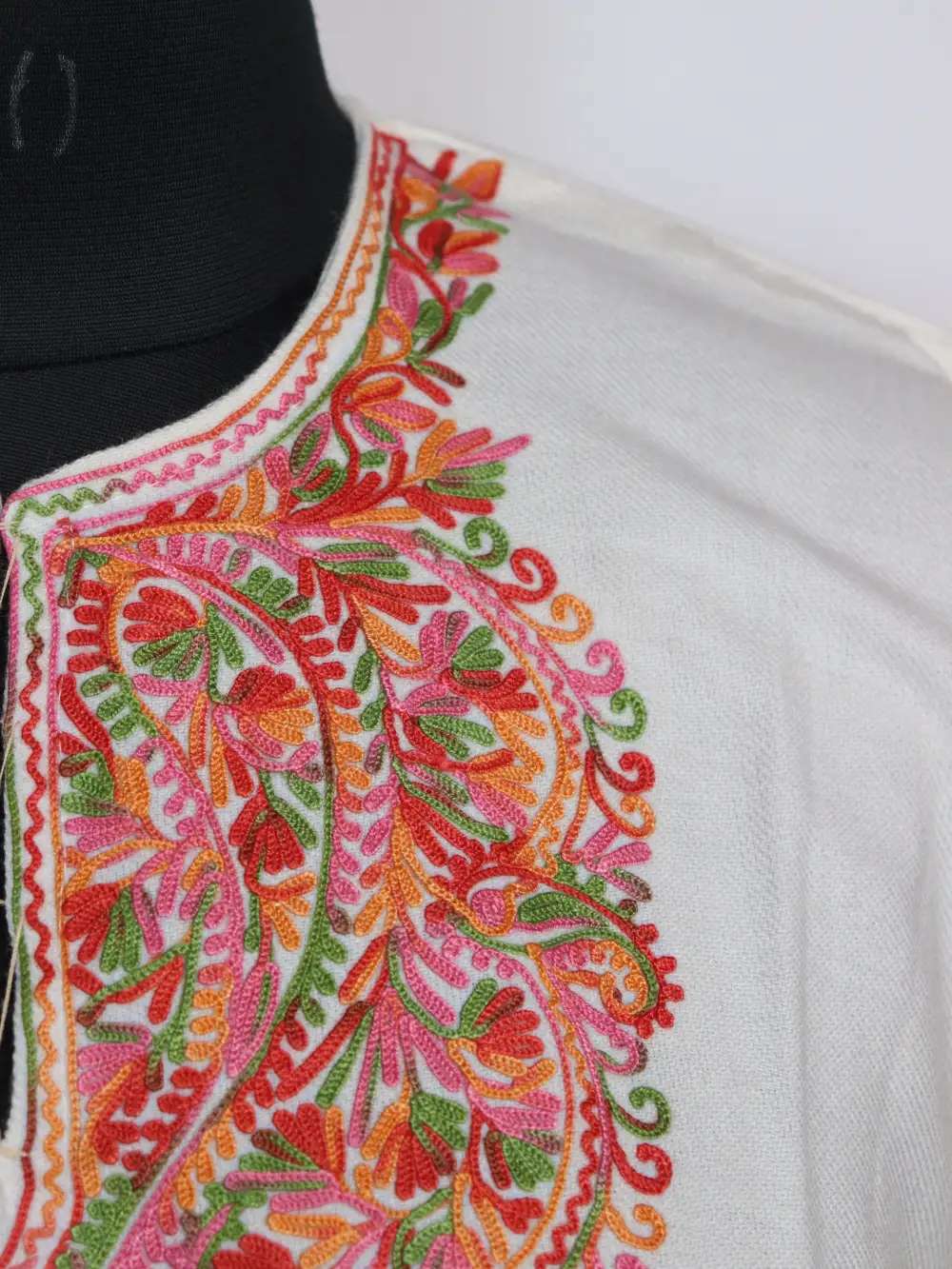 White Aari Work Laila Short Kurti in Cashmilon Wool with Pockets - Image 3