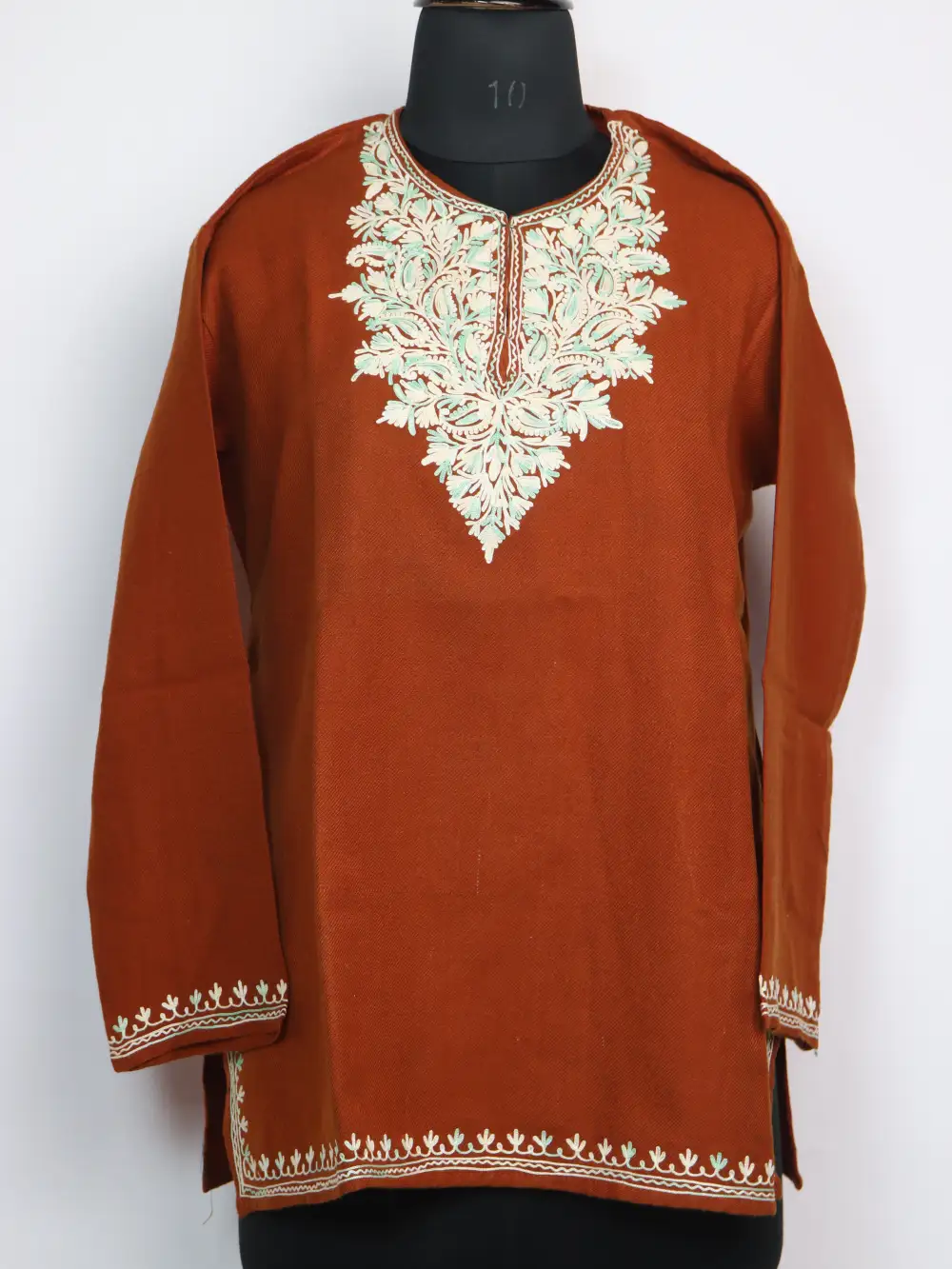 Brown Aari Work Woolen Short Nawal Kurti in Cashmilon with Pockets