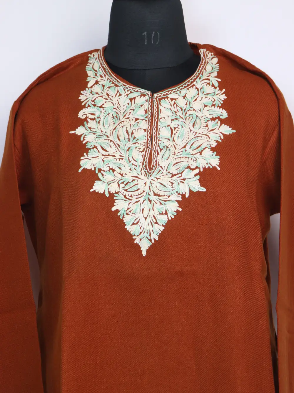 Brown Aari Work Woolen Short Nawal Kurti in Cashmilon with Pockets - Image 2