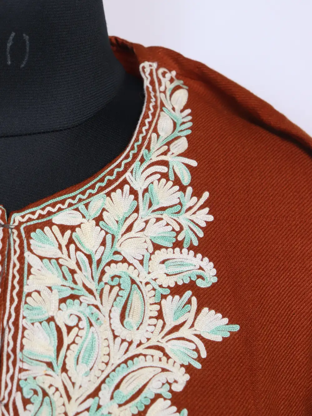 Brown Aari Work Woolen Short Nawal Kurti in Cashmilon with Pockets - Image 3