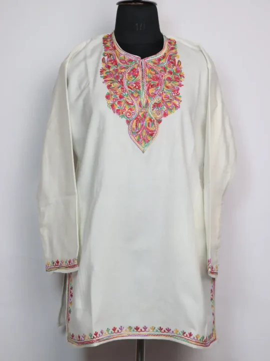 White Aari Work Woolen Zaib Short Kurti in Cashmilon with Pockets
