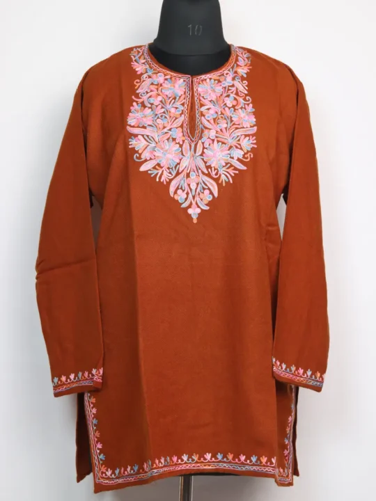 Mehr Brown Aari Work Woolen Short Kurti in Cashmilon with Pockets