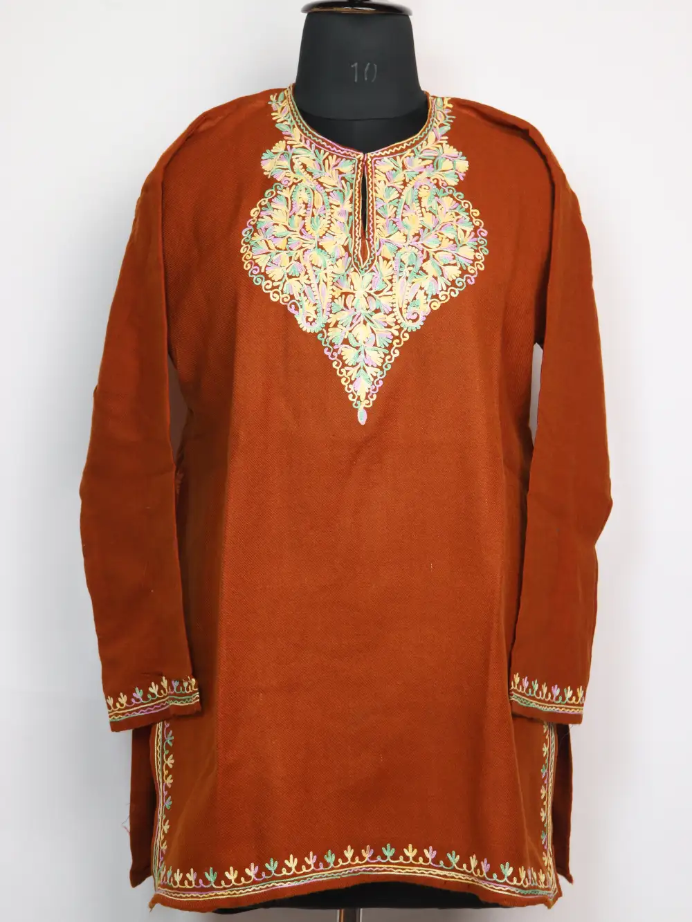 Brown Aari Work Woolen Ridah Short Kurti in Cashmilon with Pockets