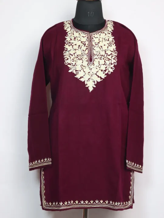Romana Aari Work Magenta Short Kurti in Cashmilon Wool with Pockets