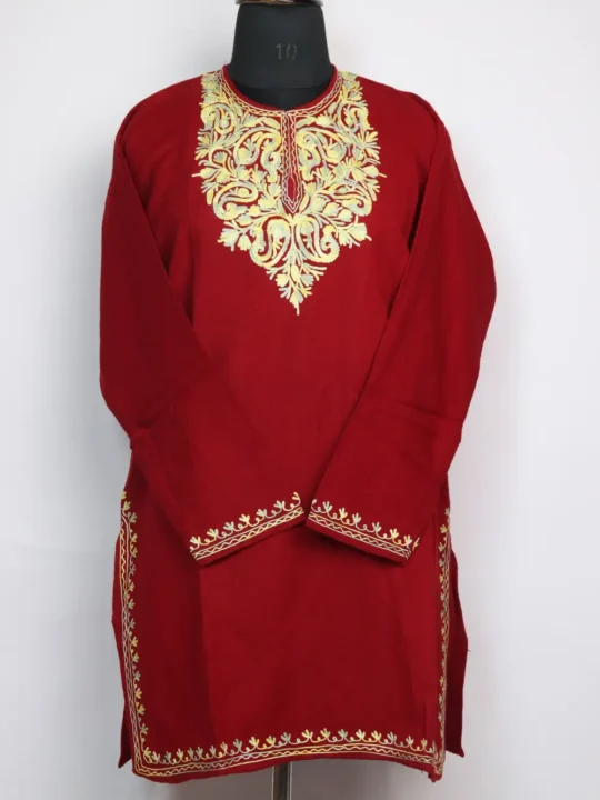 Qamarun Aari Work Red Short Kurti in Cashmilon Wool with Pockets