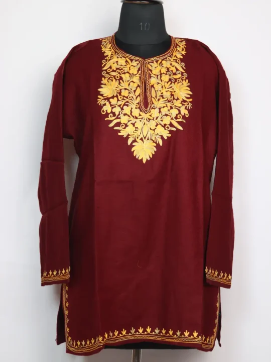 Munizah Cashmilon Short Woolen Kurti with Aari Work with Pockets