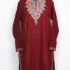 Maroon Aari Work Wafah Long Kurti in Cashmilon Wool with Pockets