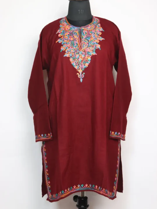Maroon Aari Work Wafah Long Kurti in Cashmilon Wool with Pockets