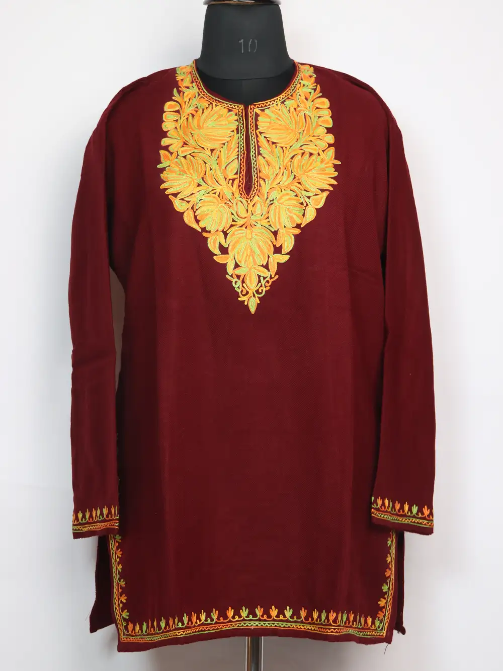 Aari Work Maroon Nazar Short Kurti in Cashmilon Wool with Pockets