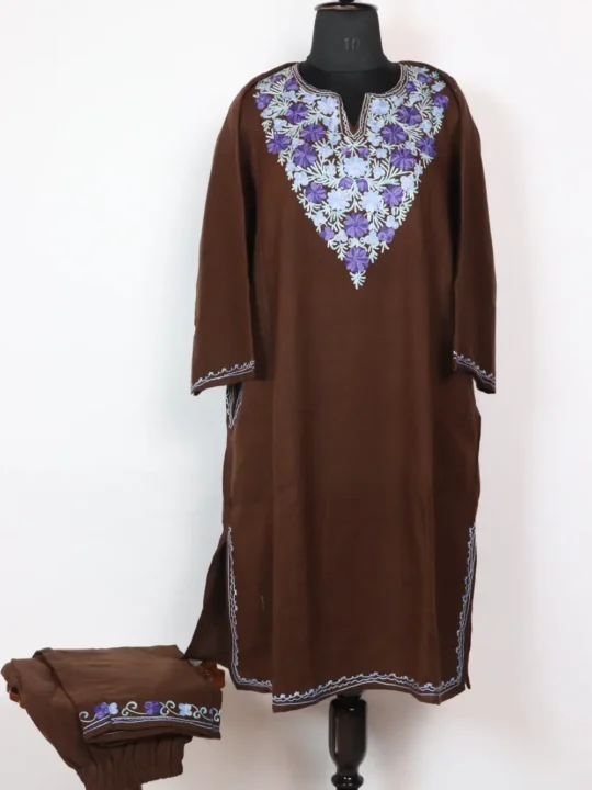 Hafizah Brown Pheran Set in Cashmilon Wool Aari Embroidery