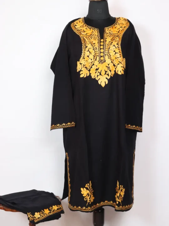 Black Kashmiri Pheran Set in Cashmilon Wool with Aari Work
