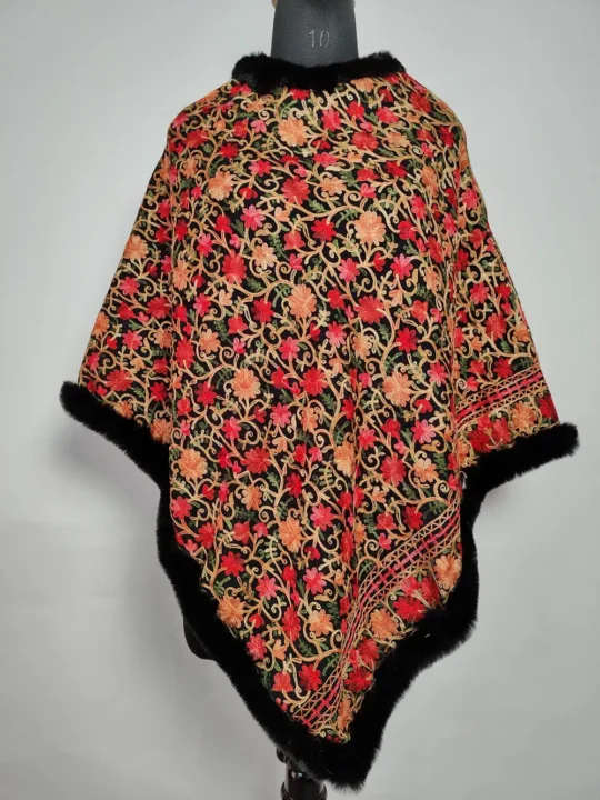 Nazia Aari Embroidery Black Jama Fur Poncho in Cashmilon Wool