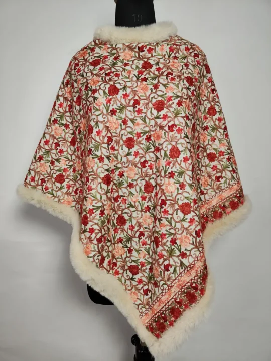 White Cashmilon Jama Fur Poncho with Aari Work