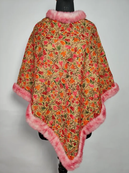 Ehsaas Jama Fur Poncho in Beige Cashmilon with Aari Embroidery