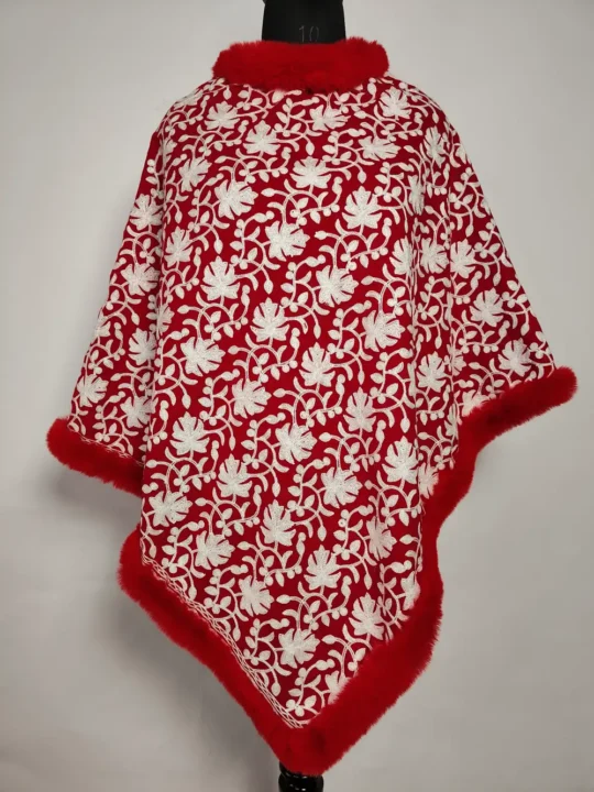 Aari Work Naheed Jaal Fur Poncho in White Cashmilon