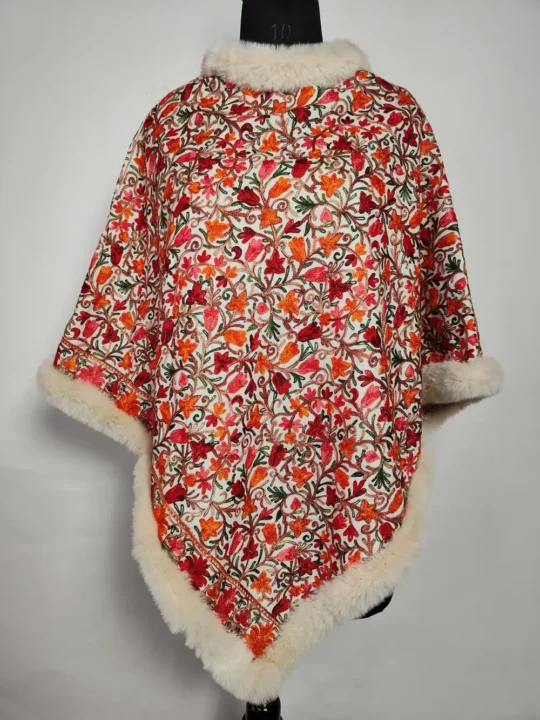 Nihayat White Cashmilon Wool Jaal Aari Work Fur Poncho