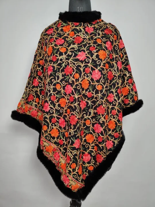Fur Poncho in Zoon Black Cashmilon Wool with Jaal Aari Work