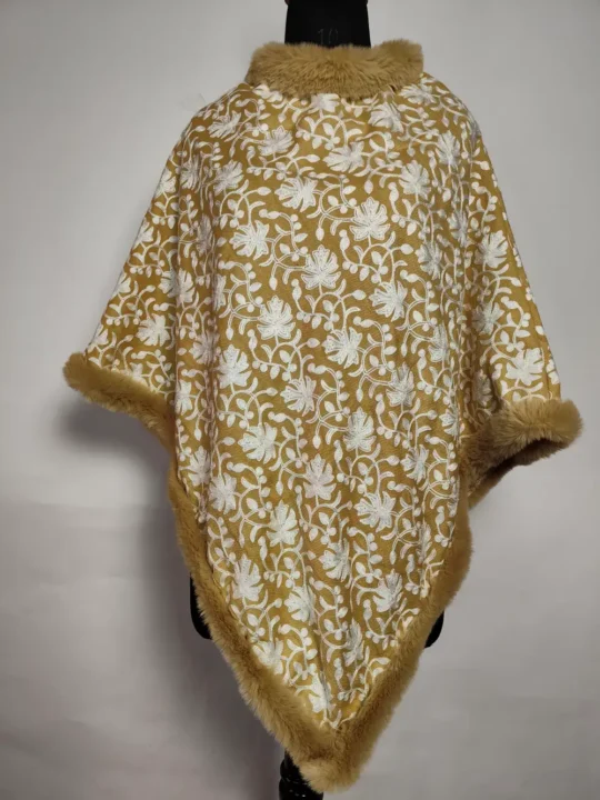 Brown Cashmilon Chand Fur Poncho with Jaal Aari Work