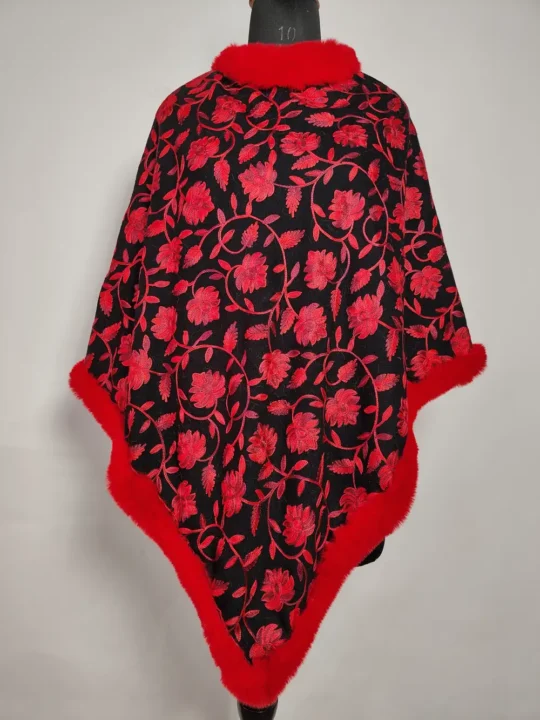 Funkaar Aari Embroidered Jaal Black Cashmilon Wool Fur Poncho