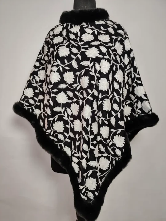 Mahan Fur Poncho in Black Cashmilon with Jaal Aari Work