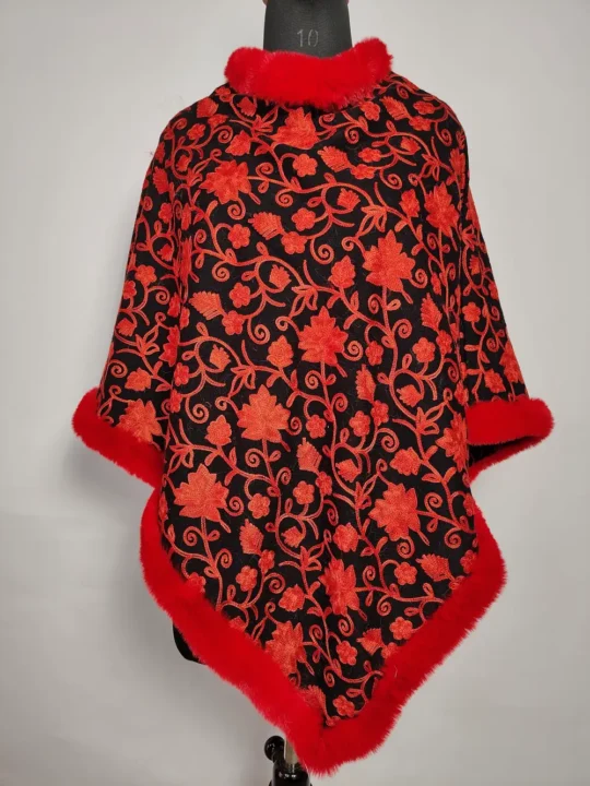Black Khoosurat Cashmilon Fur Poncho - Jaal Aari Embroidery