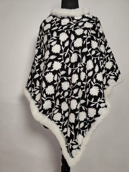 Jaal Aari Work Mulayam Fur Poncho in Black Cashmilon Wool
