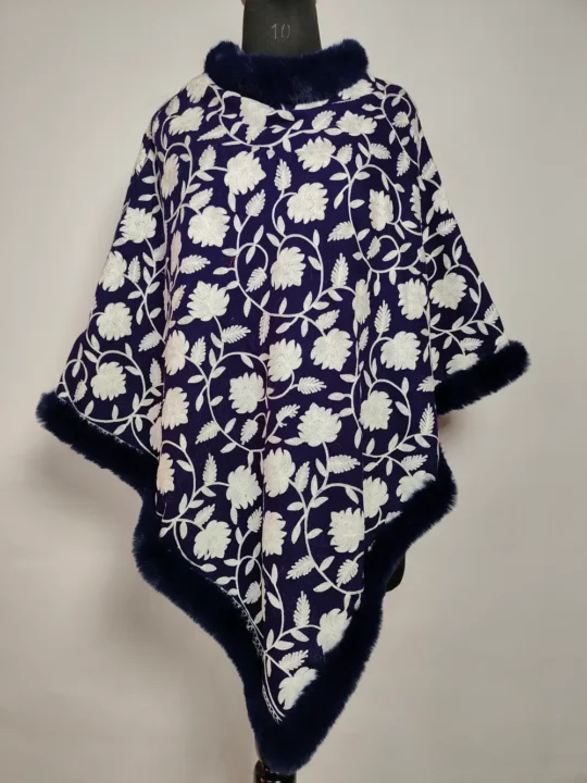 Blue Cashmilon Aari Embroidery Fur Poncho in Jaal Style