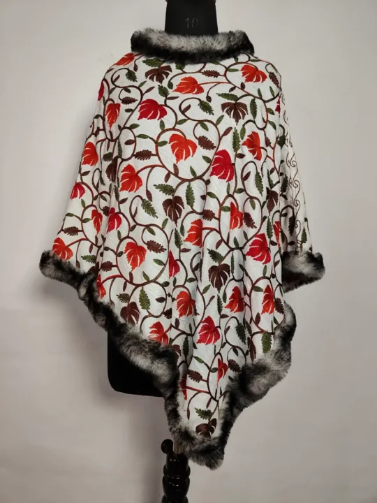 White Cashmilon Wool Fur Poncho with Jaal Aari Work