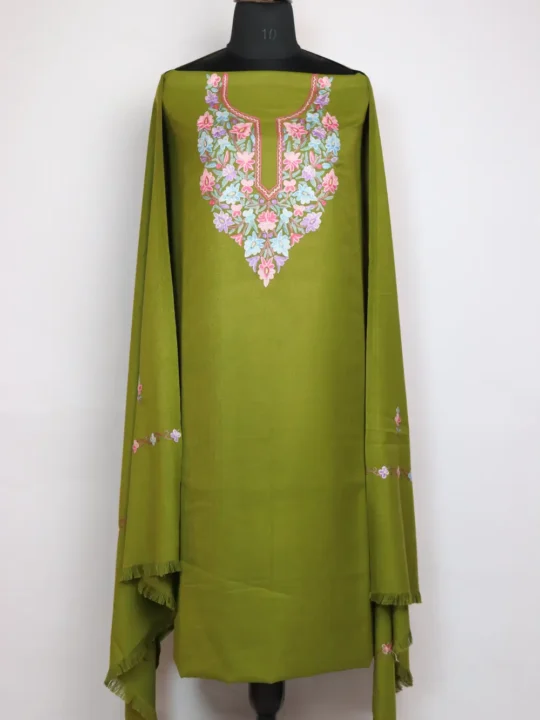 Olive Hand Aari Embroidery Yasira 3pc Suit in Wool