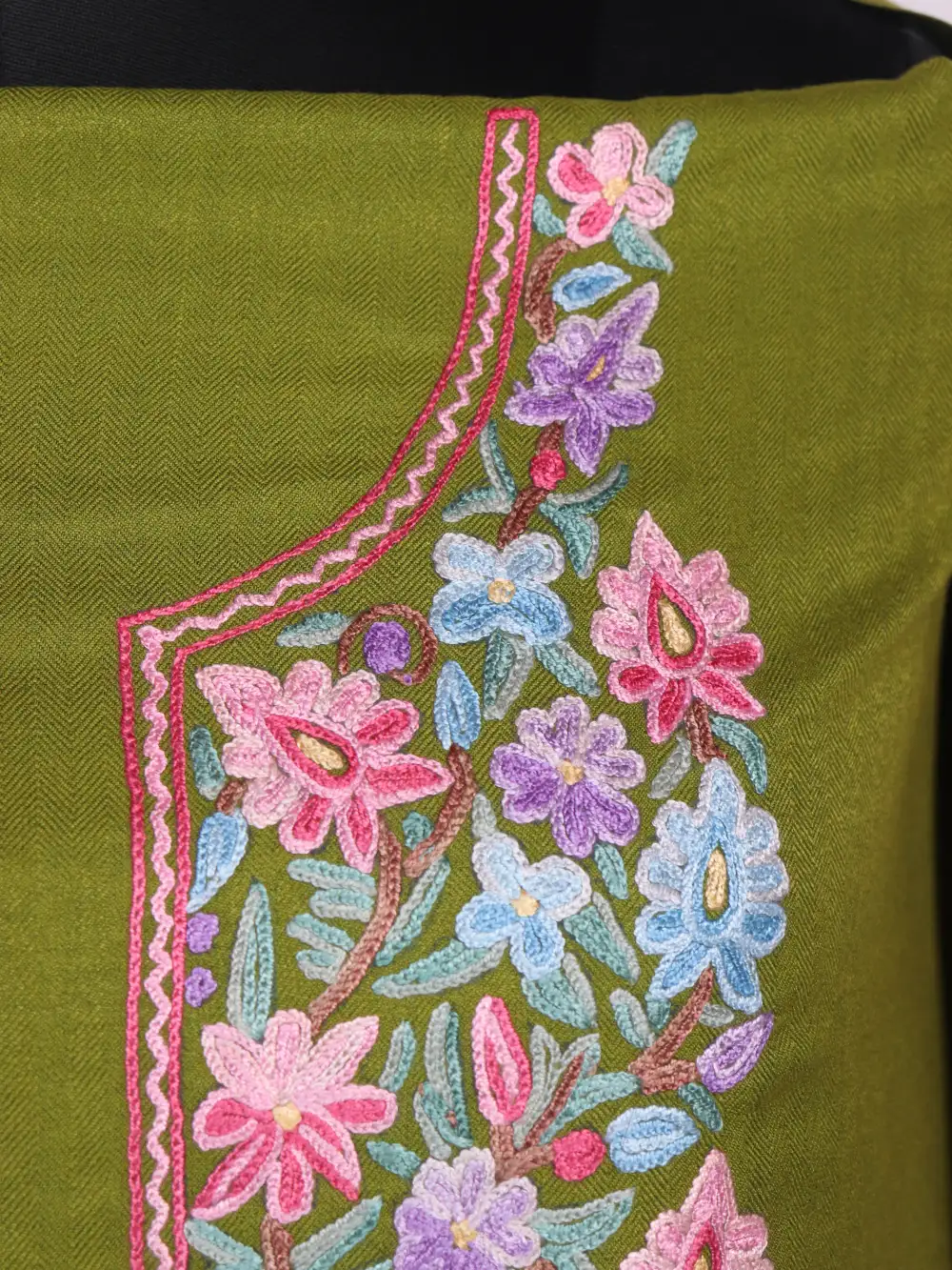3pc Kashmiri Wool Suit Olive Hand Aari Embroidery Yasira - Image 3