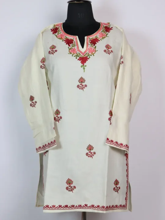 White Cashmilon Wool Sozni Aari Embroidery Short Kurti