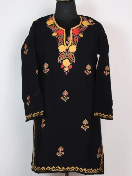 Cashmilon Wool Sozni and Aari Embroidery Black Long Kurti