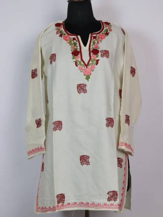 White Cashmilon Wool Kurti with Sozni Aari Work